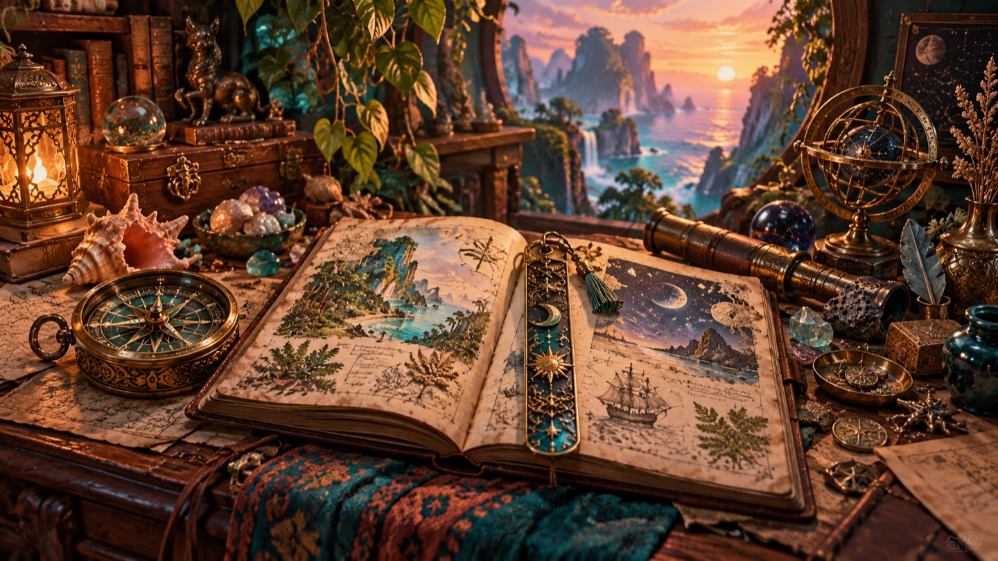 An explorer’s personal cabinet with journal, compass and keepsakes