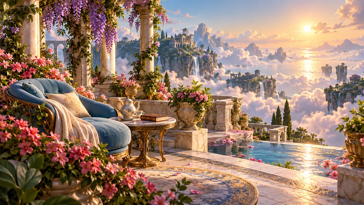 A quiet cloud garden with a chair, tea and closed book
