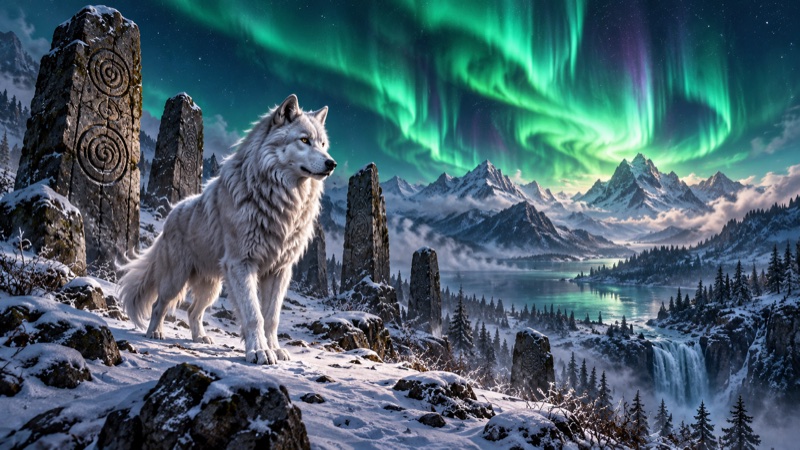 A white wolf beneath the northern lights