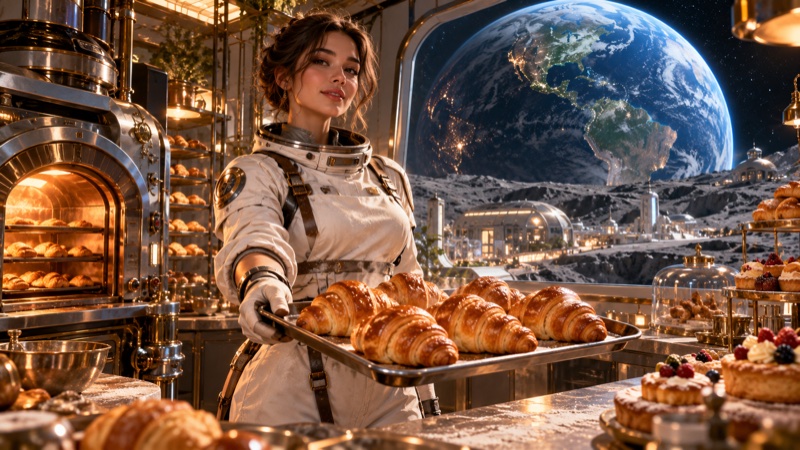 An astronaut baker at a patisserie above the moon