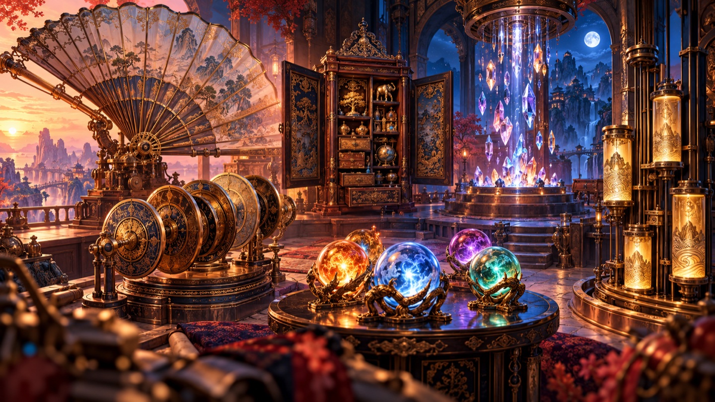 Six elaborate game mechanisms in a colourful inventor studio