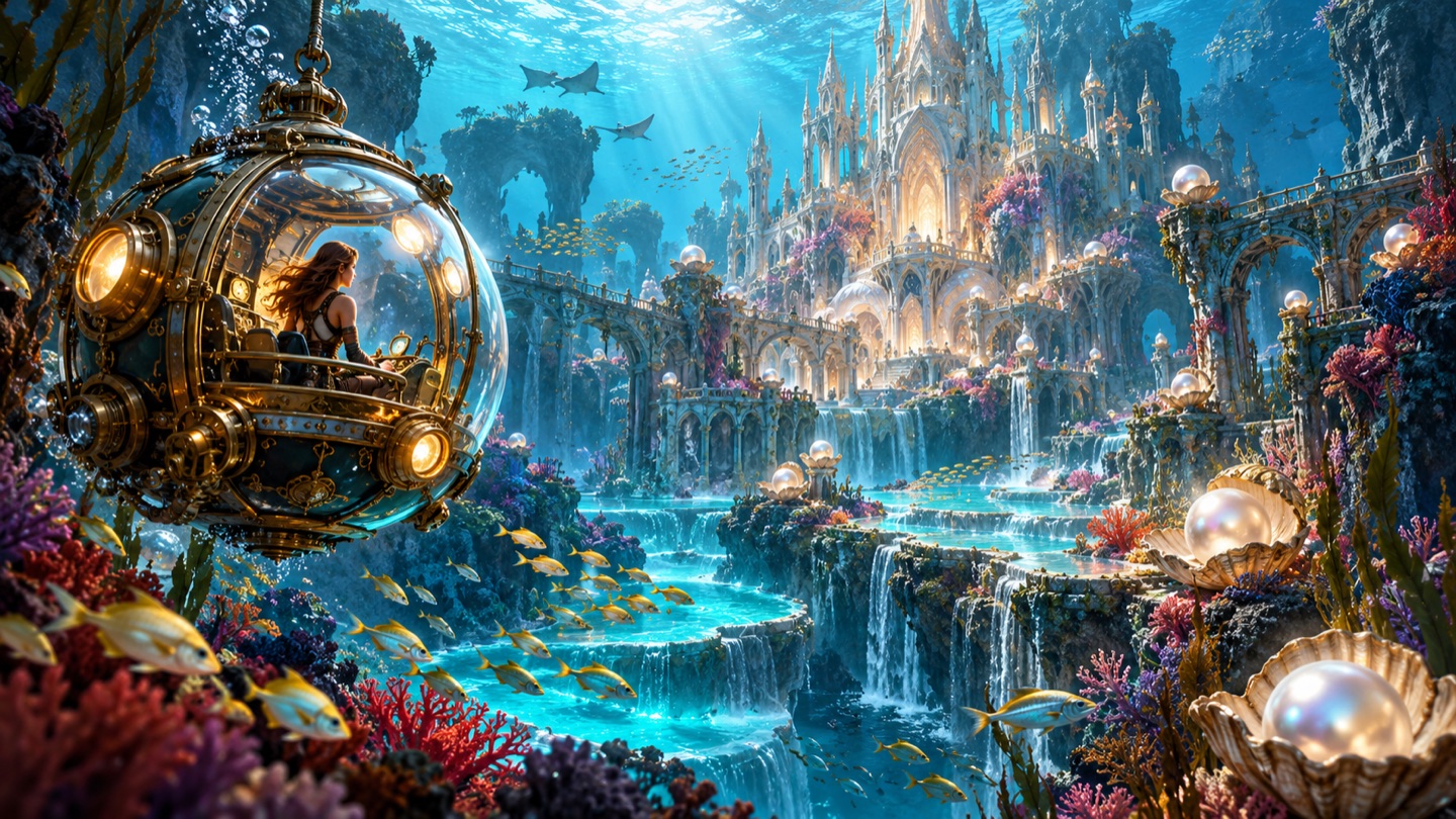 A glass bathysphere exploring a luminous coral castle