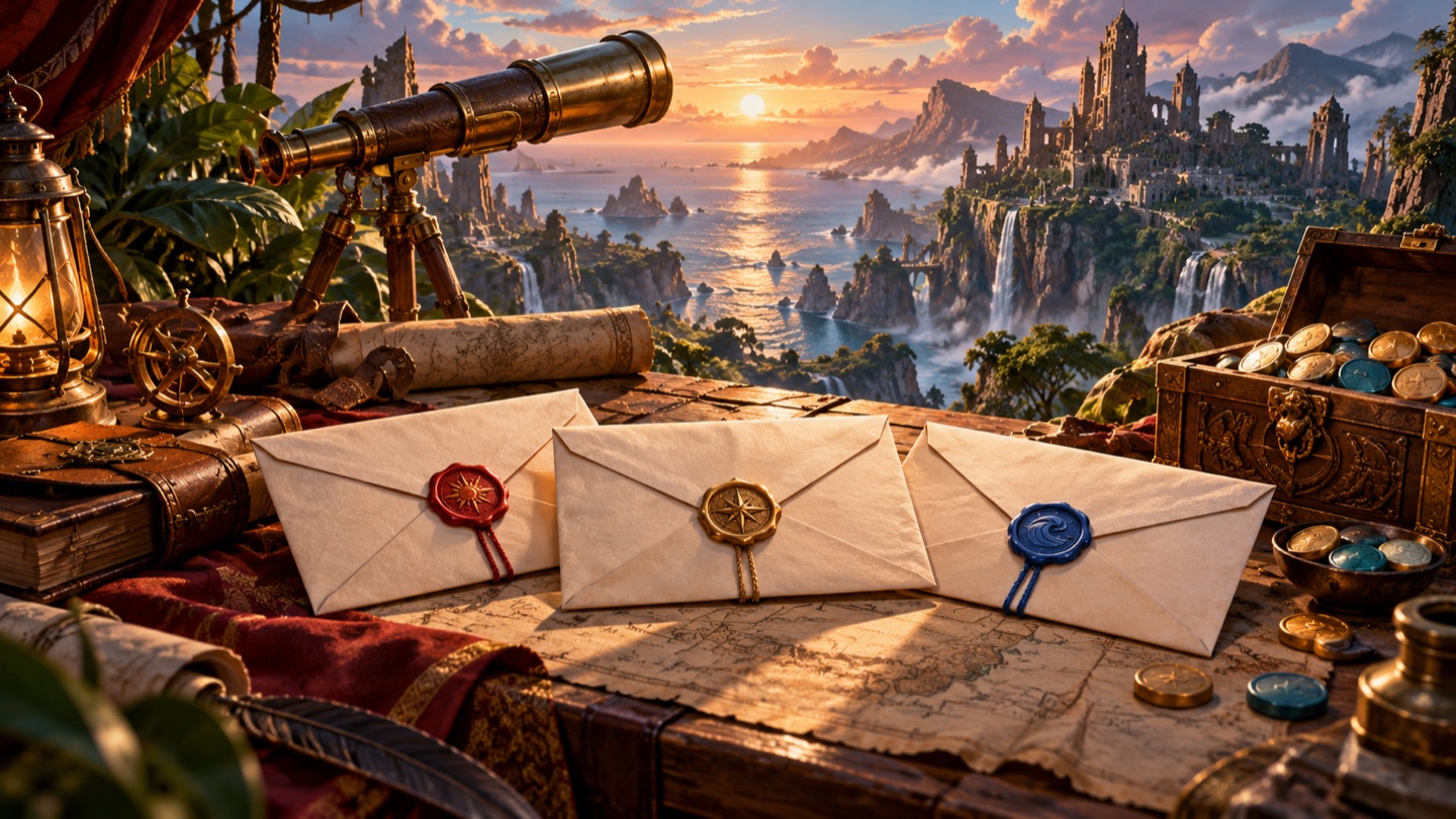 Quest envelopes and plain play tokens on an adventure desk